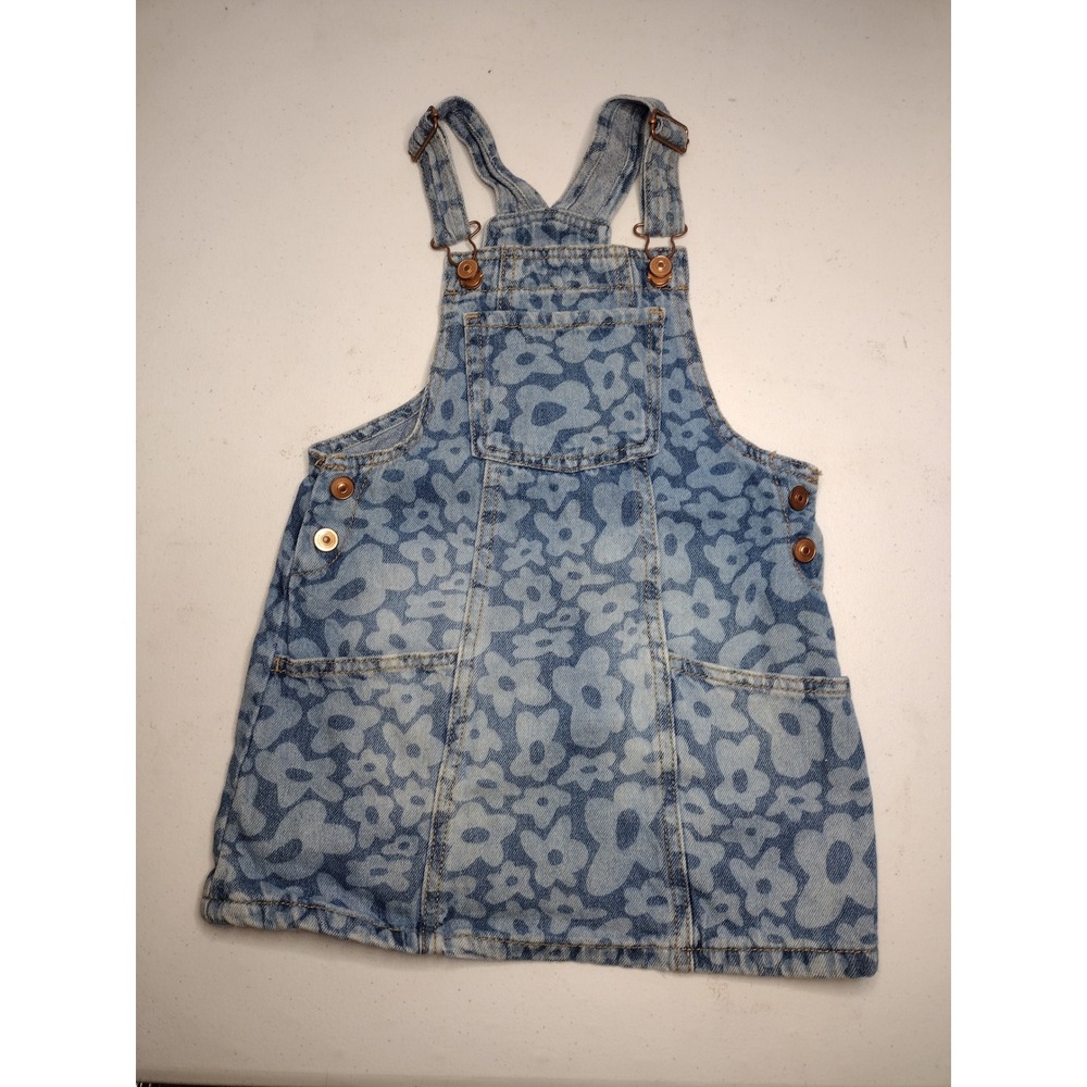Wonder Nation Girls 4T Blue Floral Denim Overall Dress Sleeveless‎ Jumper Bib